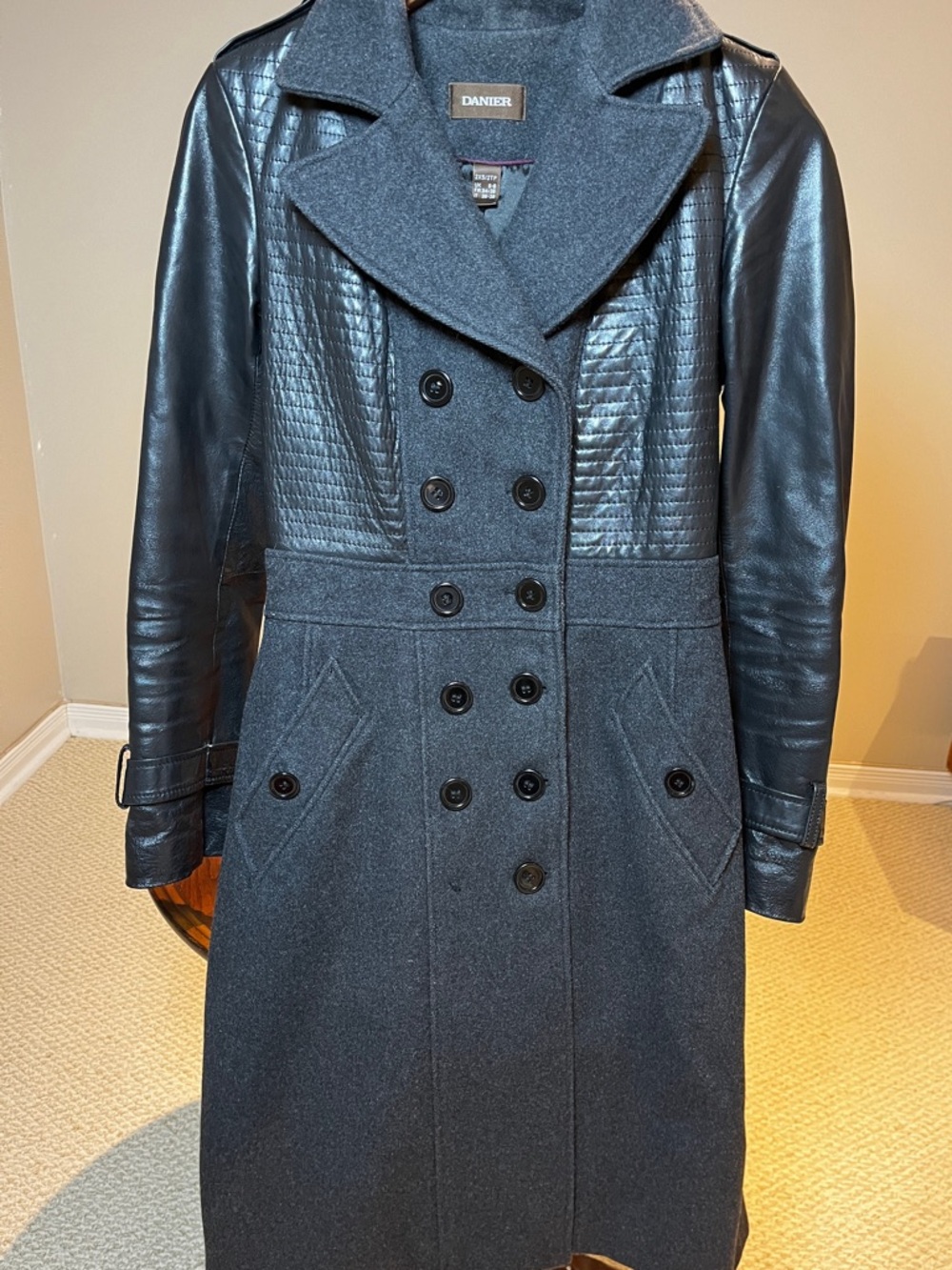 Danier Charcoal Gray Wool Blend Double-Breasted Coat with Leather Sleeves